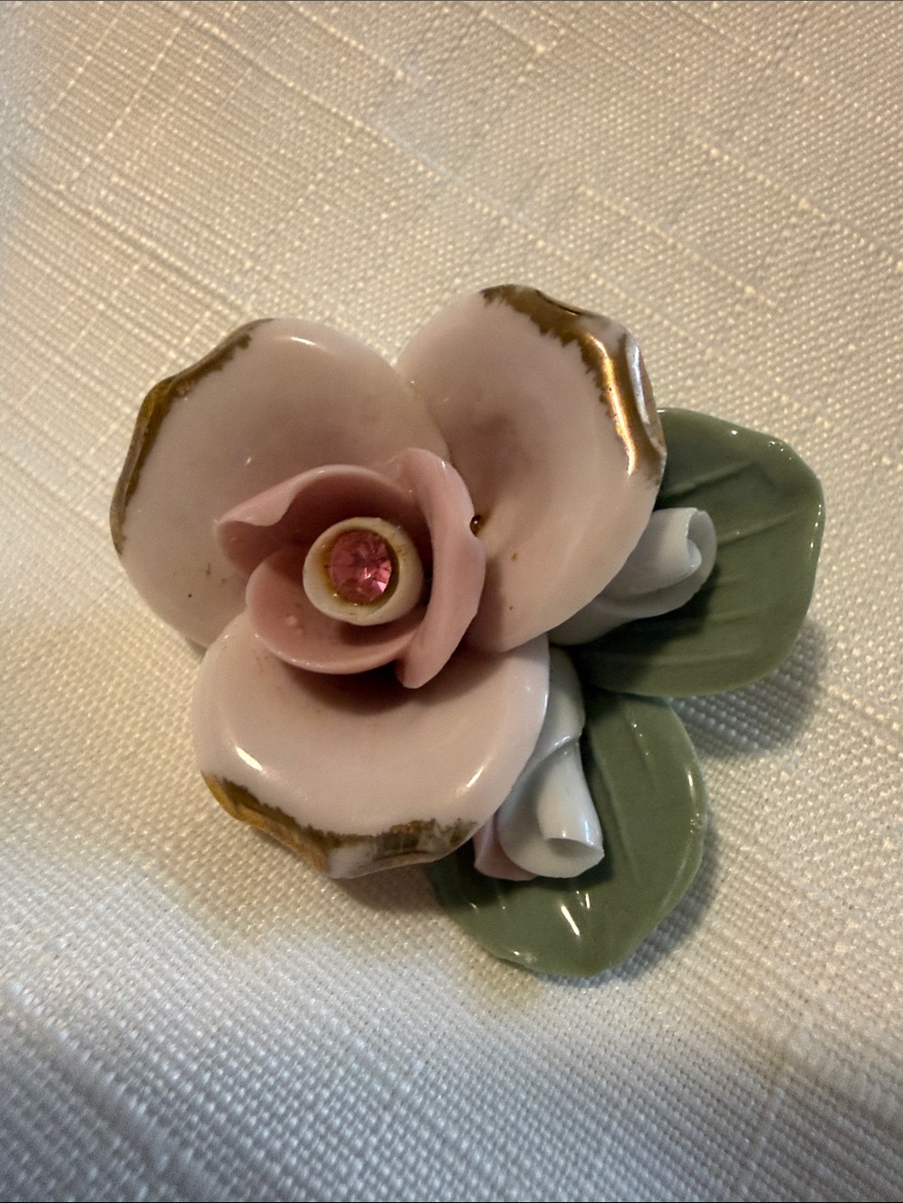 Vintage handcrafted porcelain pink rose flower brooch